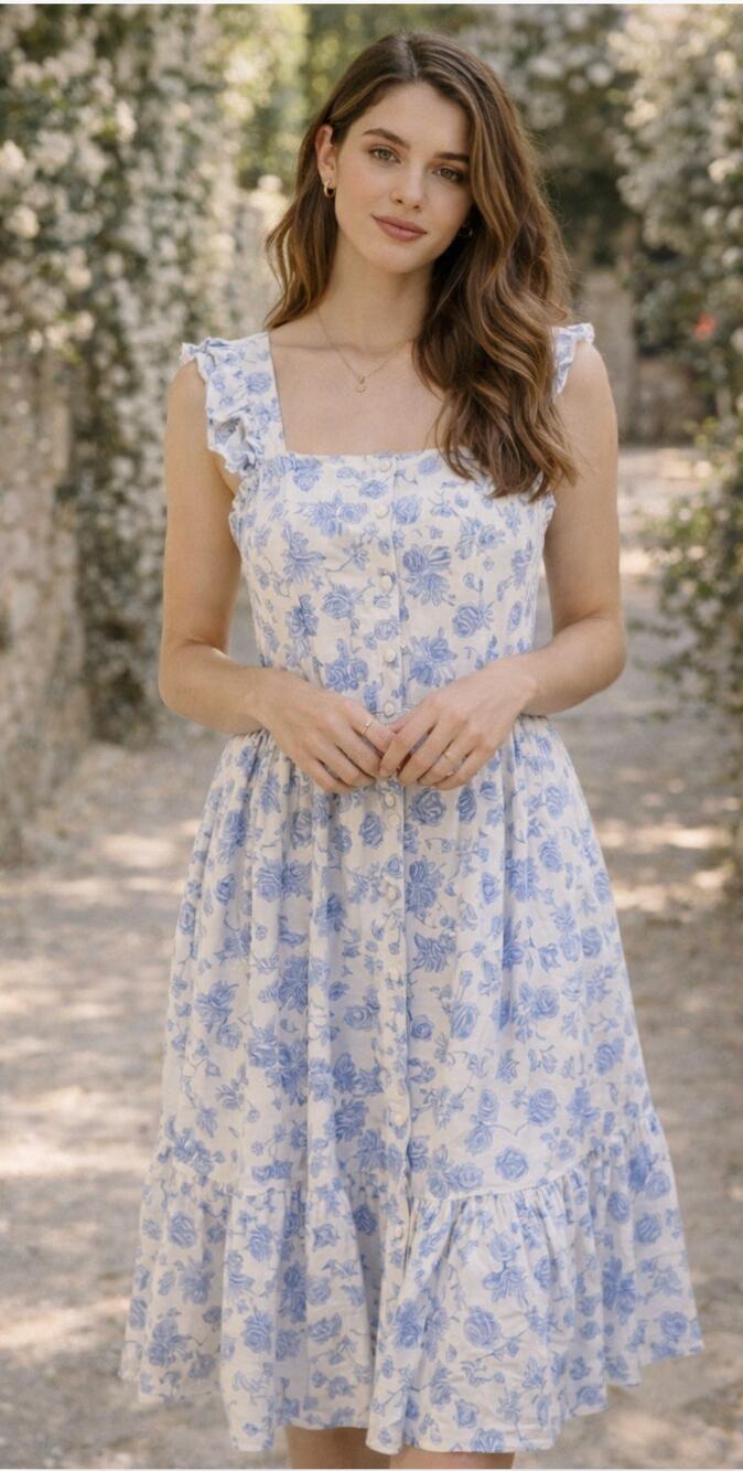 Mable Blue Floral Cotton Ruffle Strap Cottagecore Dress Feminine Romantic S